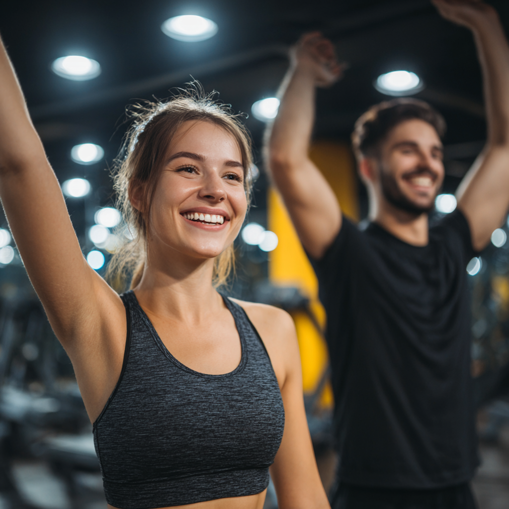 Щасливі українці займаються фітнесом разом у сучасному тренажерному залі, демонструють радість від здорової активності