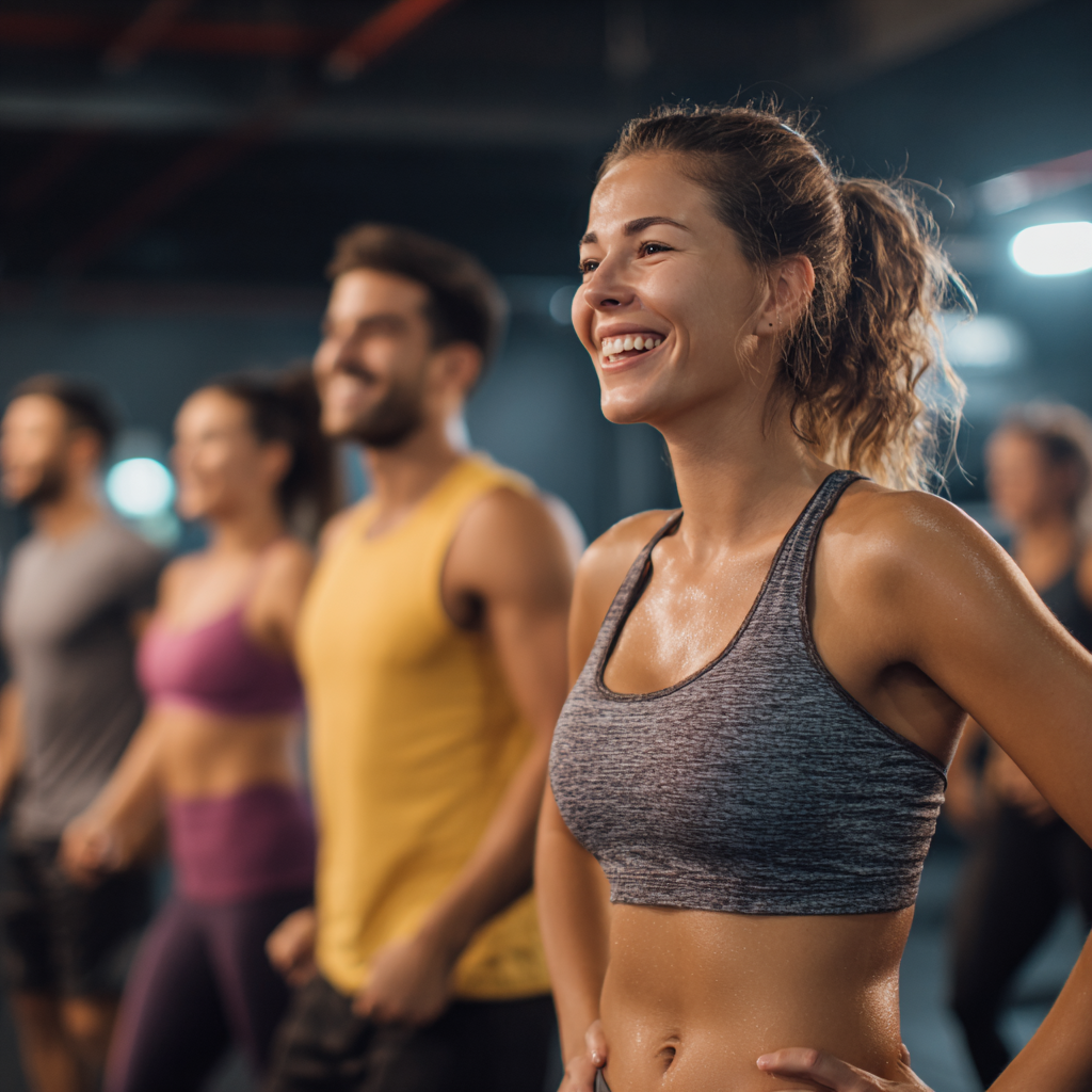 Сімейна пара середнього віку виконує прості фітнес вправи вдома у вітальні, усміхнені та мотивовані